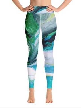 Debbie Dannheisser Fluid Green Swirls  Fine Art High-Waist Leggings R.P $98.00
